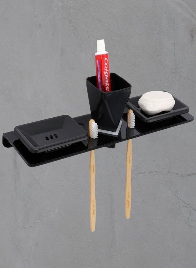 آي ستار رف حمام متعدد الاستخدامات 4 في 1 من الأكريليك من iSTAR، يُثبت على الحائط - حامل أكواب، وحاملان لفرش الأسنان، وحاملان للصابون | إكسسوارات حمام متينة - حامل معجون أسنان لحوض المطبخ (أسود) - Image 1